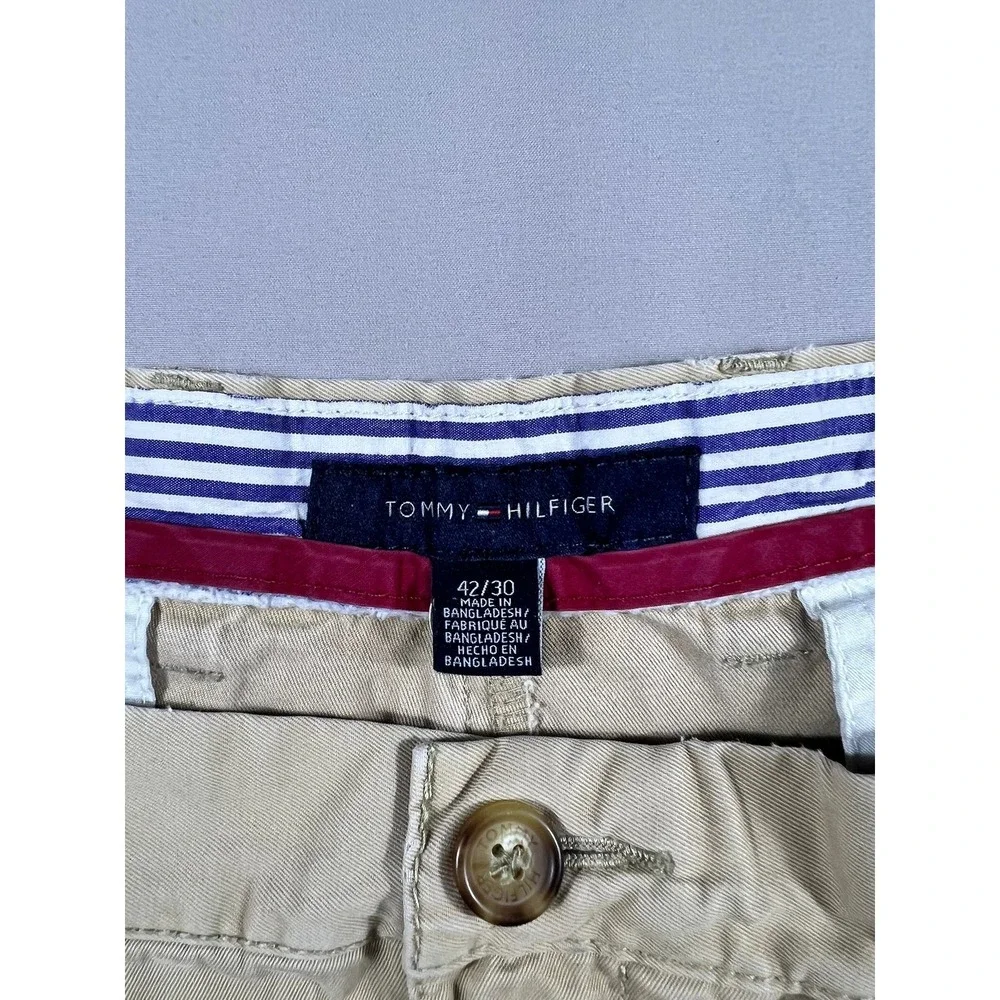 Tommy Hilfiger Mens Pleated Chino Pants Khaki Tan 42x30 Cotton Twill Trousers